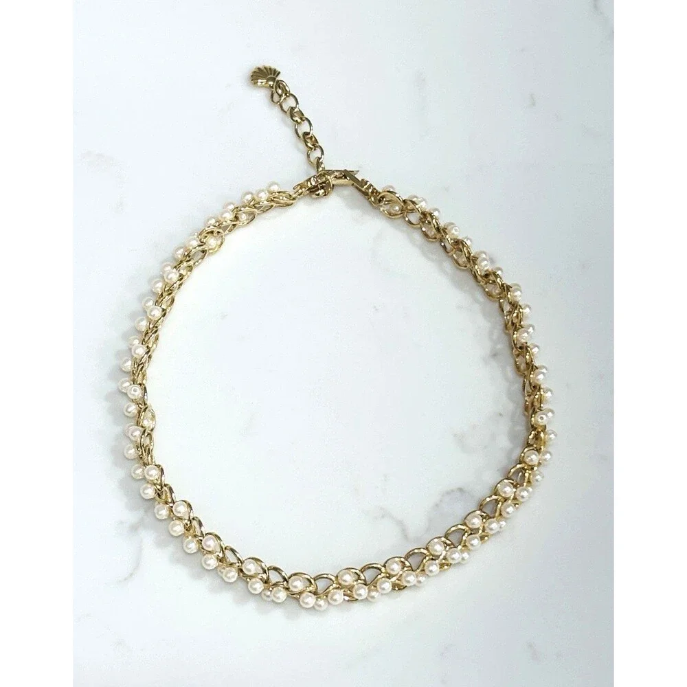 Vintage Richelieu Faux Pearl Gold Tone Woven Collar Choker Necklace